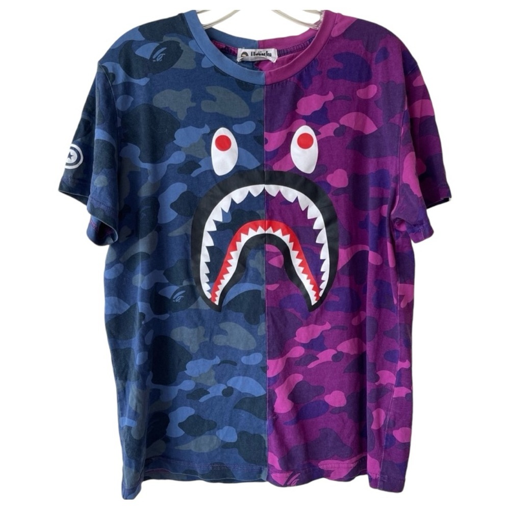 A BATHING‎ APE  Split Shark Camo T-Shirt Purple Blue WGM Graphic Tee Medium
